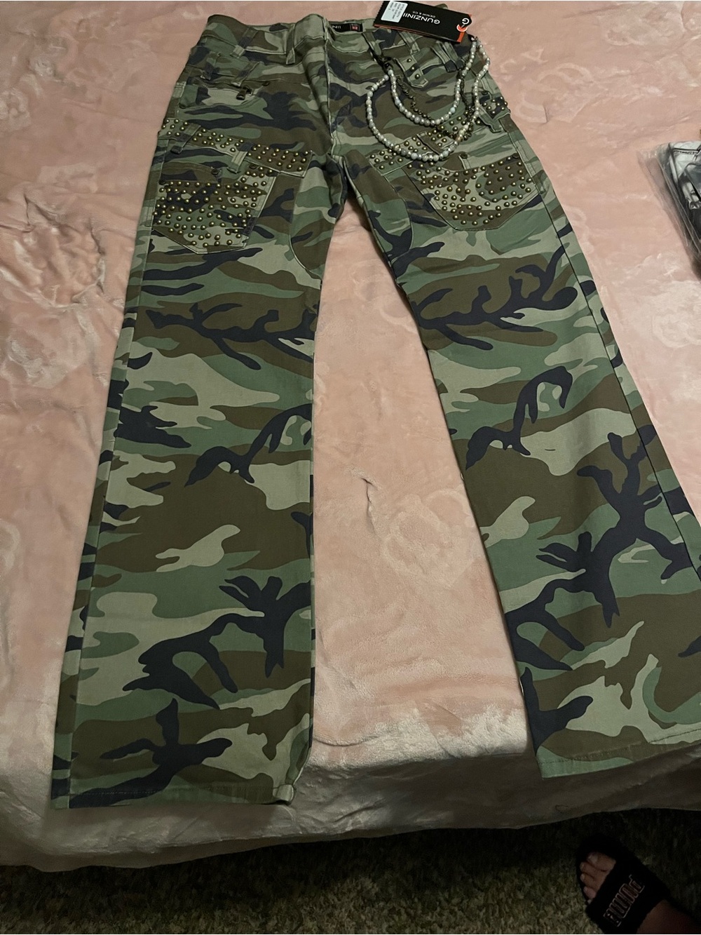 Men's Camouflage Bootcut Pants with Stud Detail - Green